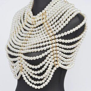 Luxury Layered Pearl Shoulder Harness Necklace with Gold Chain Detail